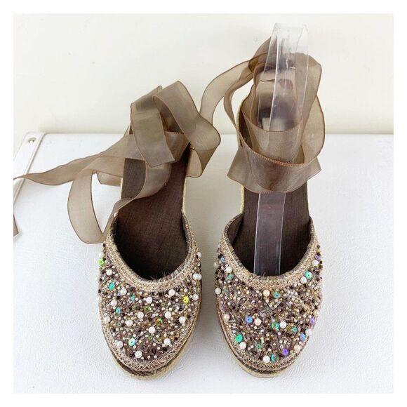 Steve Madden taupe Pearl/Bead/Crystal Embellished Wedge Ankle Wrap Boho Espadril - Picture 3 of 15